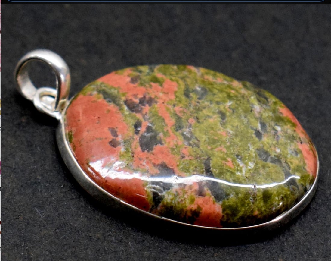 SOLID 925 STERLING SILVER PENDANT - NATURAL UNAKITE JASPER 1 3/8": These are natural, earth mined and hand crafted with precision. Stone: Unakite Jasper, Shape: Oval, Size: 21x27 mm, Width - 4.5 mm, Length: 1 3/8", Weight: approx. 29 carats. The photographs are enlar