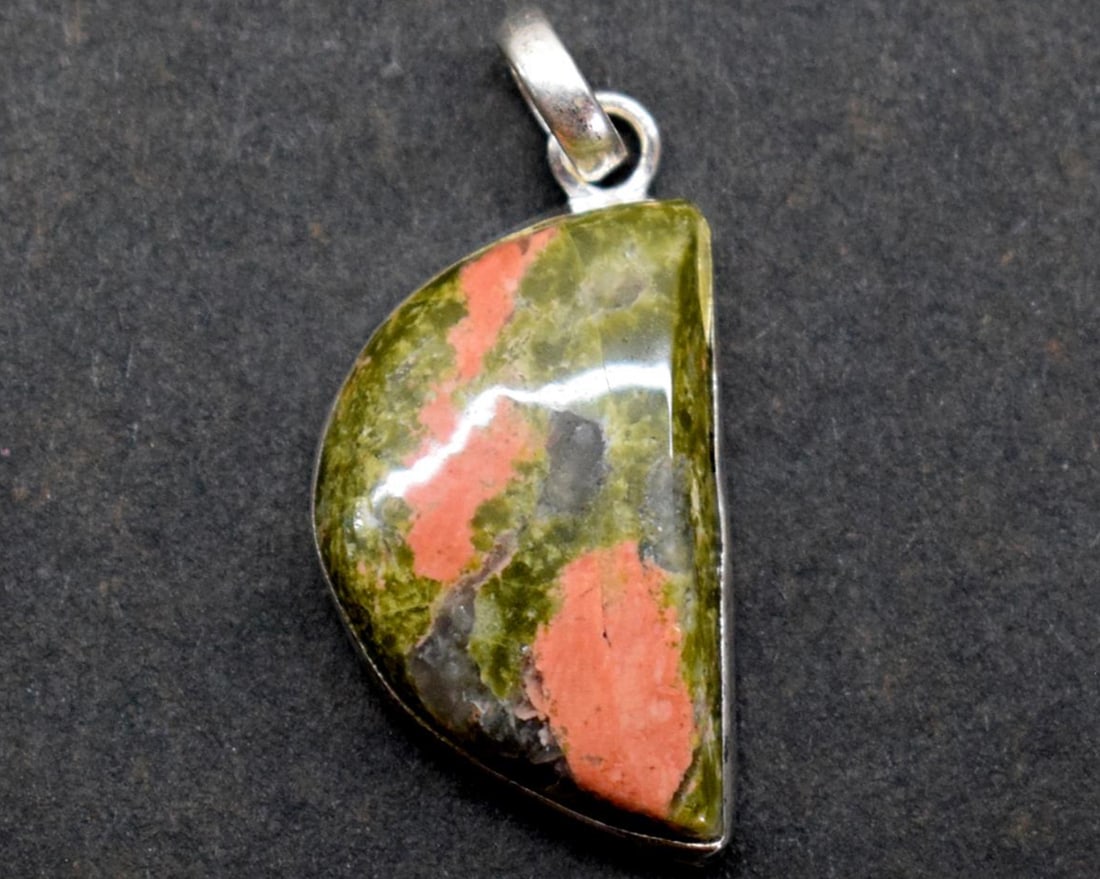 SOLID 925 STERLING SILVER PENDANT - NATURAL UNAKITE JASPER 1 1/4": These are natural, earth mined and hand crafted with precision. Stone: Unakite Jasper, Shape: Fancy, Size: 14x23 mm, Width - 5.5 mm, Length: 1 1/4", Weight: approx. 22 carats. The photographs are enla