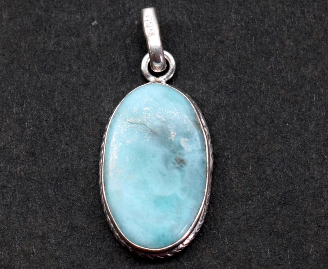 SOLID 925 STERLING SILVER PENDANT - NATURAL RARE LARIMAR 1 1/4": These are natural, earth mined and hand crafted with precision. Stone: Larimar, Shape: Oval, Size: 13x21 mm, Width - 4.5 mm, Length: 1 1/4", Weight: approx. 20 carats. The photographs are enlarged to