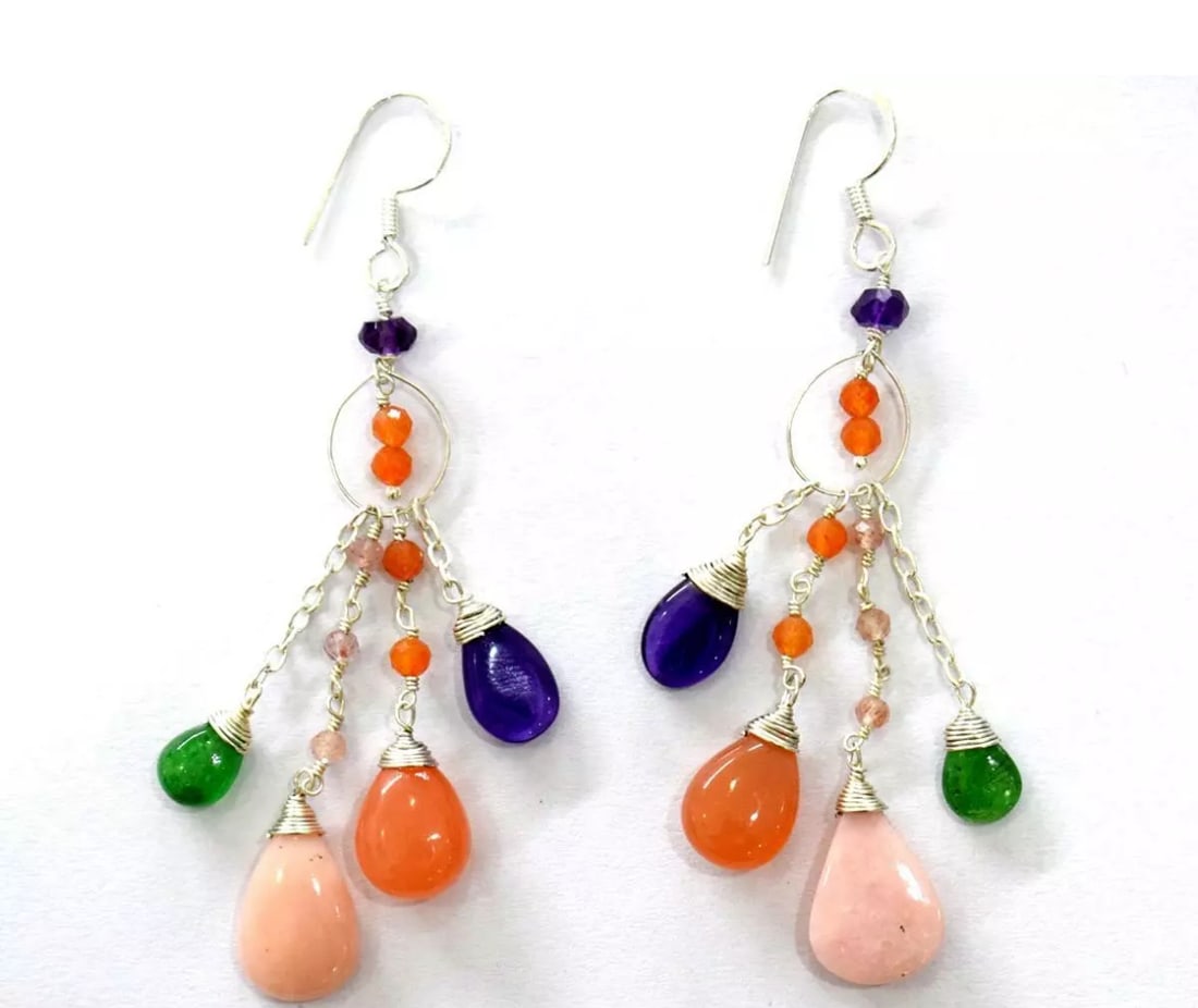 SOLID 925 STERLING SILVER EARRINGS - NATURAL MULTI GEMSTONE BEADS: These are natural, earth mined and hand crafted with precision. Stone: Amethyst/Opal/Moonstone/Tsavorite, Shape: Mix Shape, Size: 2.5 - 4 mm/ 6x8 - 10x15 mm, Width - 2.5 - 5.5 mm, Length: 2 7/8", Weig