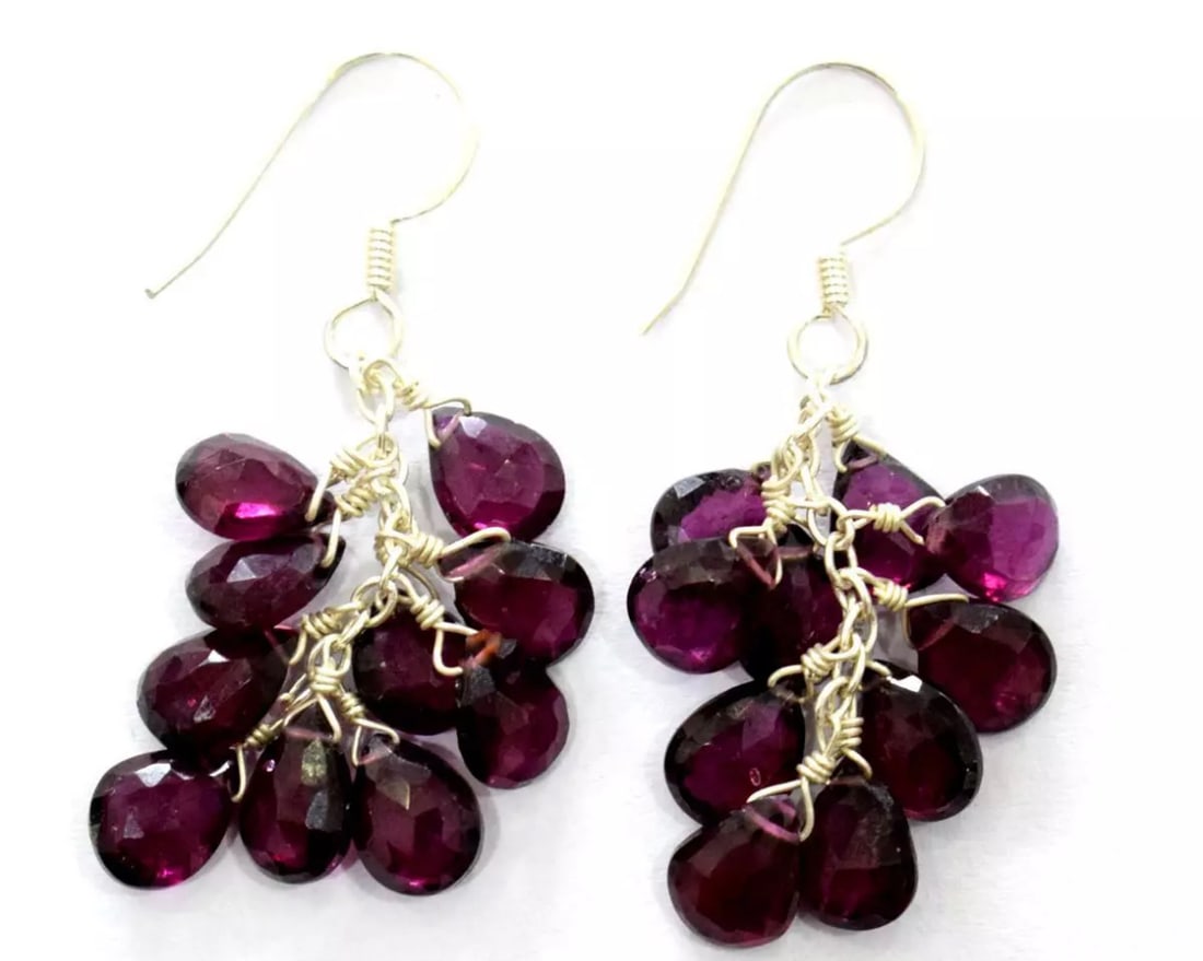 SOLID 925 STERLING SILVER EARRINGS - NATURAL RHODOLITE GARNET: These are natural, earth mined and hand crafted with precision. Stone: Rhodolite Garnet, Shape: Faceted Pear, Size: 6x7 - 6x8 mm, Width - 3 - 4 mm, Length: 1 3/4", Weight: approx. 36 carats. The photo