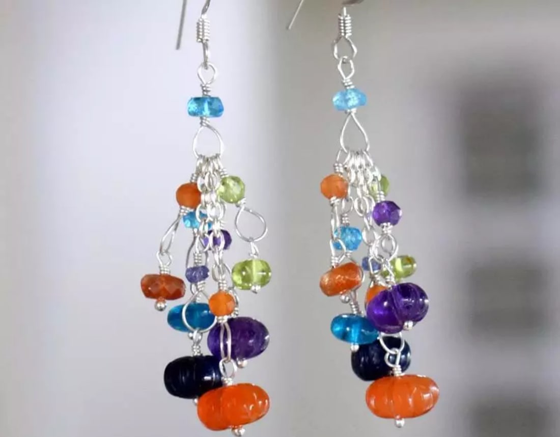SOLID 925 STERLING SILVER EARRINGS - NATURAL MULTI GEMSTONE BEADS: These are natural, earth mined and hand crafted with precision. Stone: Carnelian/Amethyst/Apatite/Peridot/Topaz/Sunstone, Shape: Mix, Size: 3 - 8.5 mm, Width - 2 - 5 mm, Length: 2 1/4", Weight: approx