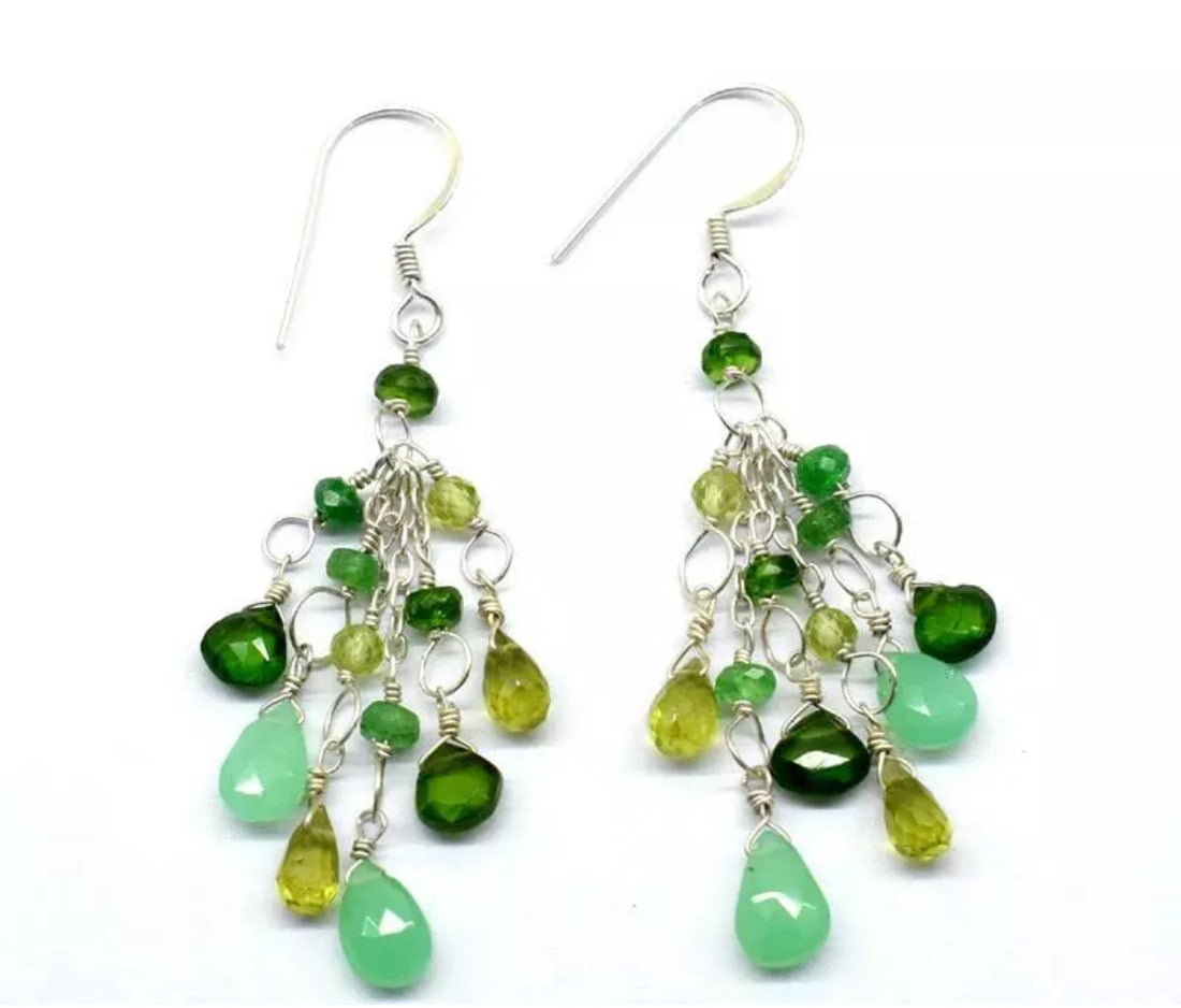SOLID 925 STERLING SILVER EARRINGS - NATURAL MULTI GEMSTONE BEADS: These are natural, earth mined and hand crafted with precision. Stone: Peridot/Chrysoprase/Chrome Diopside, Shape: Mix, Size: 3 - 5.5 mm/4x7 - 5x8 mm, Width - 2 - 3 mm, Length: 2 3/8", Weight: approx.