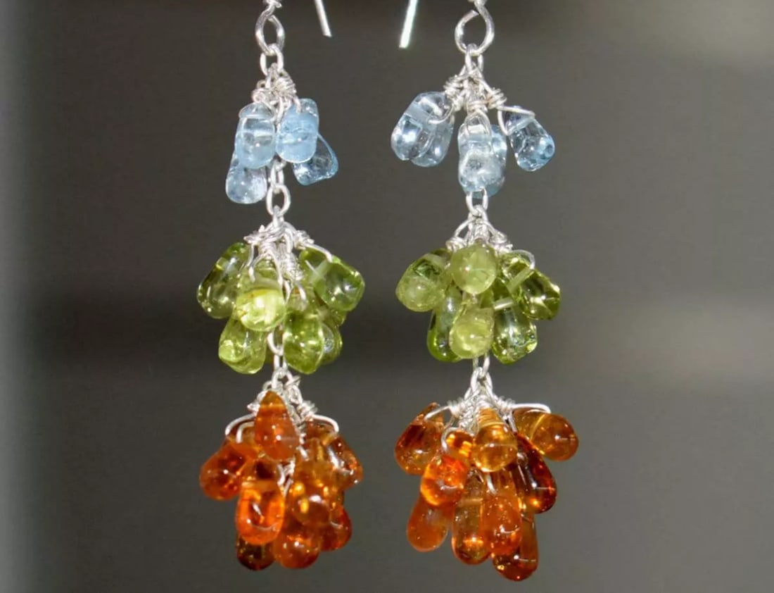 SOLID 925 STERLING SILVER EARRINGS - NATURAL MULTI GEMSTONE BEADS: These are natural, earth mined and hand crafted with precision. Stone: Citrine/Peridot/Aqaumarine, Shape: Briolette, Size: 3x5 - 3.5x7.5 mm, Length: 2 1/8", Weight: approx. 37 carats. The photographs