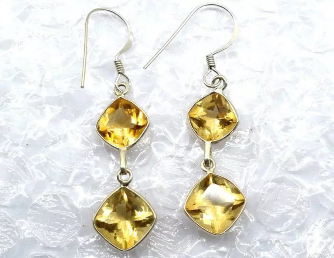 SOLID 925 STERLING SILVER EARRINGS - NATURAL CITRINE SQUARE: These are natural, earth mined and hand crafted with precision. Stone: Citrine, Shape: Faceted Square, Size: 8 - 9 mm, Width - 5 - 6 mm, Length: 1 3/4", Weight: approx. 15.30 carats. The photographs a