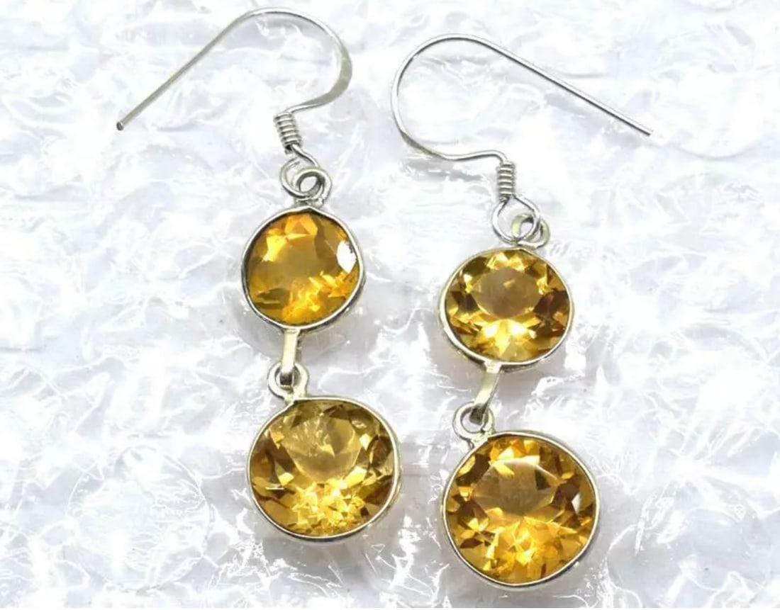 SOLID 925 STERLING SILVER EARRINGS - NATURAL CITRINE ROUND: These are natural, earth mined and hand crafted with precision. Stone: Citrine, Shape: Faceted Round, Size: 8 - 10 mm, Width - 5 - 7 mm, Length: 1 5/8", Weight: approx. 16.30 carats. The photographs a