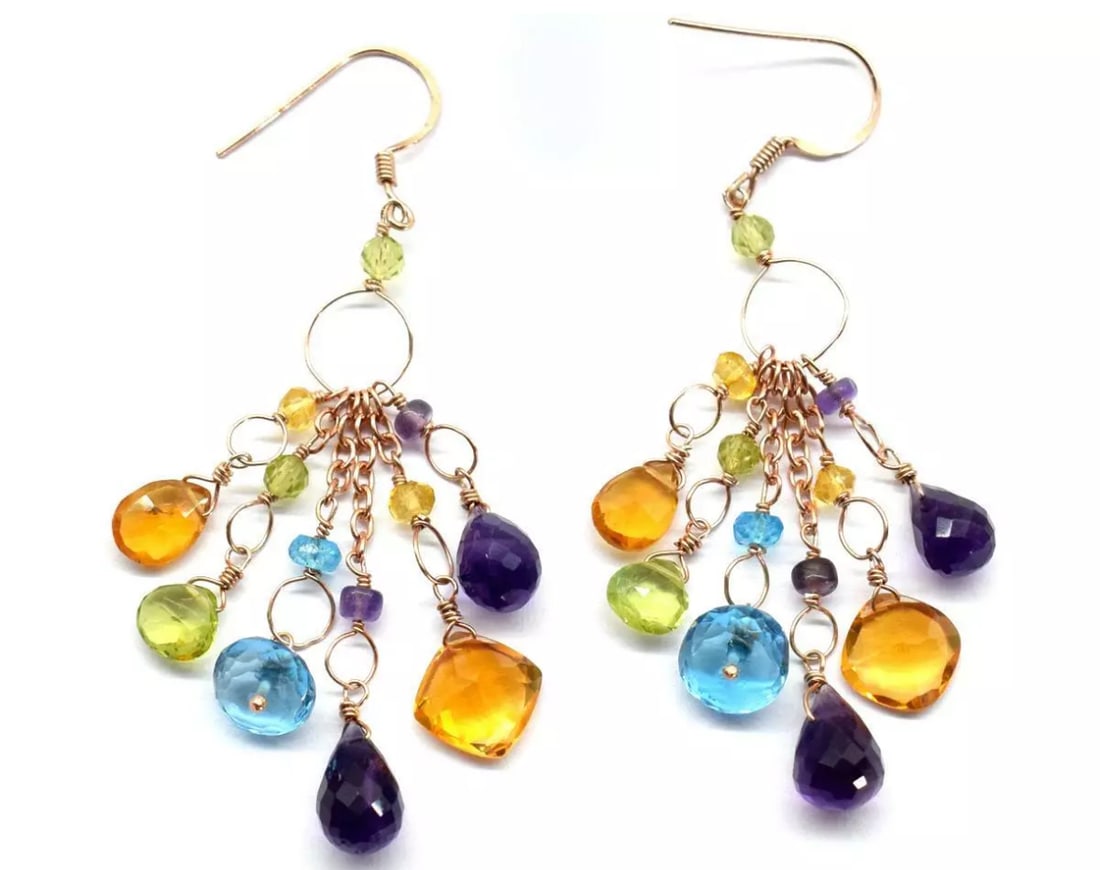 ROSE GOLD SOLID 925 SILVER EARRINGS - NATURAL MULTI GEMSTONE BEADS: These are natural, earth mined and hand crafted with precision. Stone: Citrine, Peridot, Topaz, Amethyst, Shape: Faceted Mix Shape, Size: 3 - 9.5 mm/5.5x8 - 6x10 mm, Length: 2 3/8", Weight: approx. 32