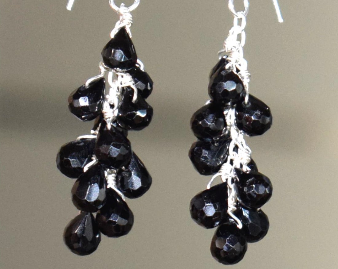 SOLID 925 STERLING SILVER EARRINGS - NATURAL BLACK SPINEL BEADS 1 1/2": These are natural, earth mined and hand crafted with precision. Stone: Black Spinel, Shape: Faceted Briolette, Size: 4.5x6 - 4.5x6.5 mm, Length: 1 1/2", Weight: approx. 29 carats. The photographs are