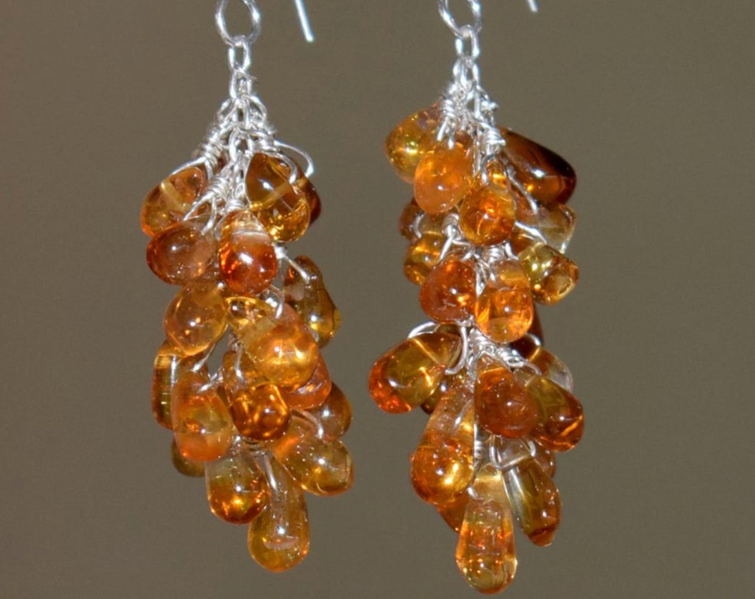 SOLID 925 STERLING SILVER EARRINGS - NATURAL CITRINE BEADS 1 7/8": These are natural, earth mined and hand crafted with precision. Stone: Citrine, Shape: Briolette, Size: 3x6 - 3x8 mm, Length: 1 7/8", Weight: approx. 34 carats. The photographs are enlarged to show th