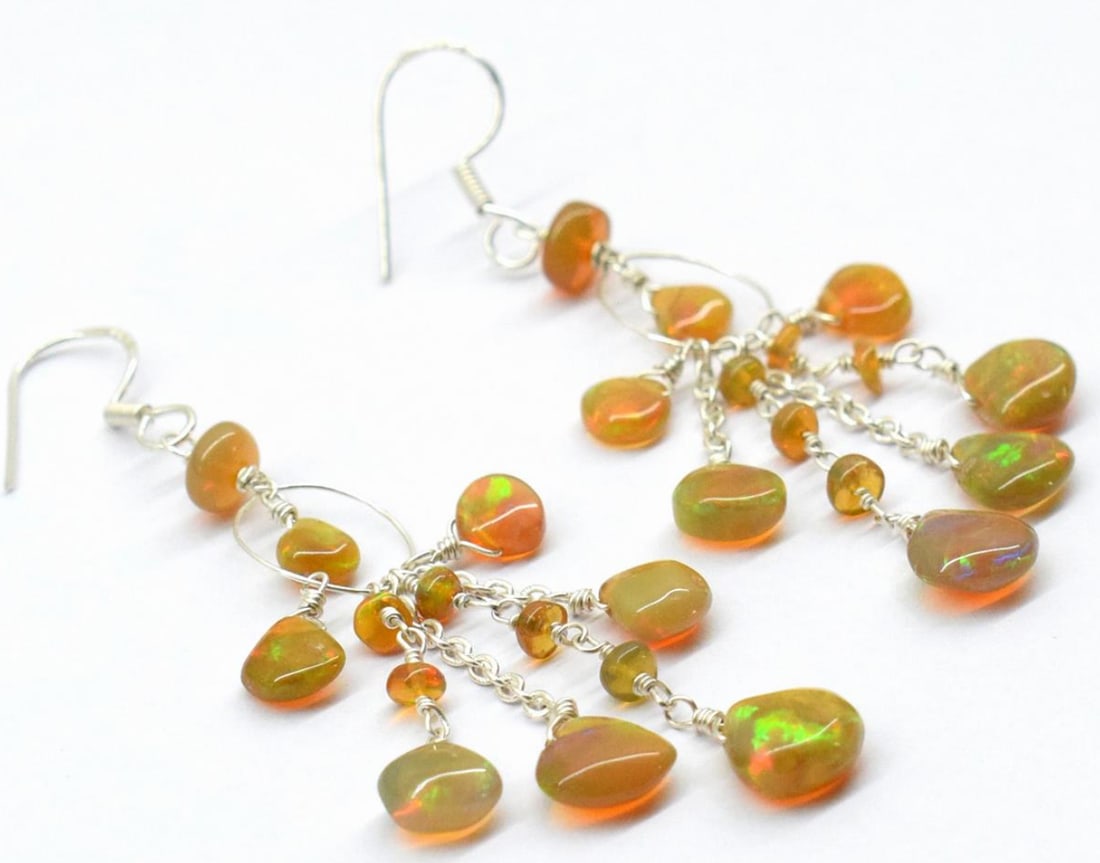 SOLID 925 STERLING SILVER EARRINGS - NATURAL ETHIOPIAN OPAL BEADS 2 5/8" (1 of 2)