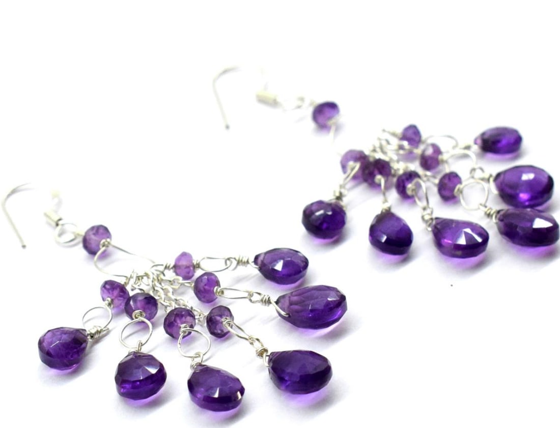 SOLID 925 STERLING SILVER EARRINGS - NATURAL AMETHYST BEADS 2 3/8": These are natural, earth mined and hand crafted with precision. Stone: Amethyst, Shape: Faceted Pear/Rondelle, Size: 3.5 mm/5.5x7 - 6.5x9 mm, Width - 1.5 - 4 mm, Length: 2 3/8", Weight: approx. 29 car