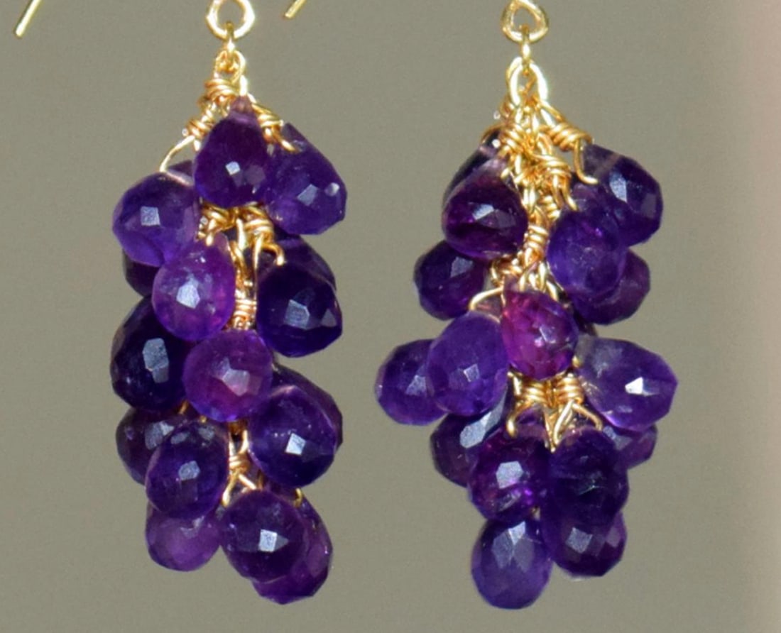 VERMEIL - SOLID 925 SILVER EARRINGS - NATURAL AMETHYST BEADS 1 1/2": These are natural, earth mined and hand crafted with precision. Stone: Amethyst, Shape: Faceted Briolette, Size: 4x5 - 4x6 mm, Length: 1 1/2", Weight: approx. 33 carats. The photographs are enlarged t