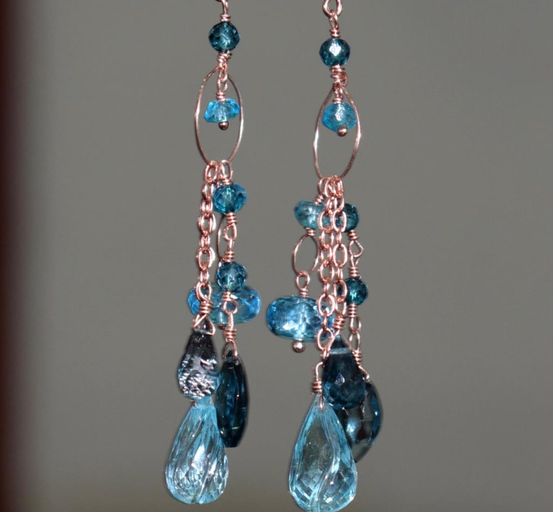 ROSE GOLD SOLID 925 SILVER EARRINGS - NATURAL BLUE TOPAZ BEADS 2 5/8": These are natural, earth mined and hand crafted with precision. Stone: Blue Topaz, Stone Shape: Faceted Carved Mix Shape, Stone Size: 3 - 7.5 mm/4.5x8 - 7x13 mm, Width - 2 - 4.5 mm, Length: 2 5/8", We