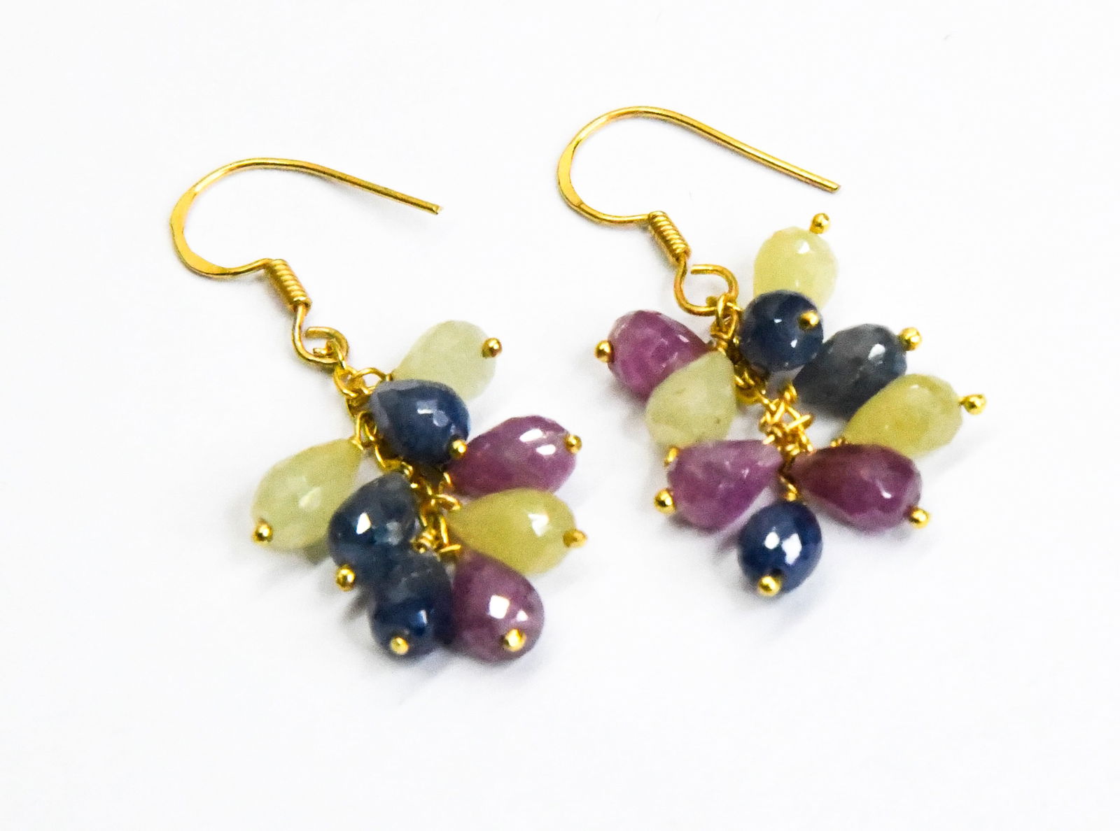 SOLID 925 STERLING SILVER EARRINGS NATURAL SAPPHIRE BEADS 1 1/2": These are natural, earth mined and hand crafted with precision. Stone: Multi Sapphire, Stone Shape: Briolette, Stone Size: 4.5x6 - 4.5x7 mm , Length: 1 1/2", Weight: approx. 29 carats. The photographs