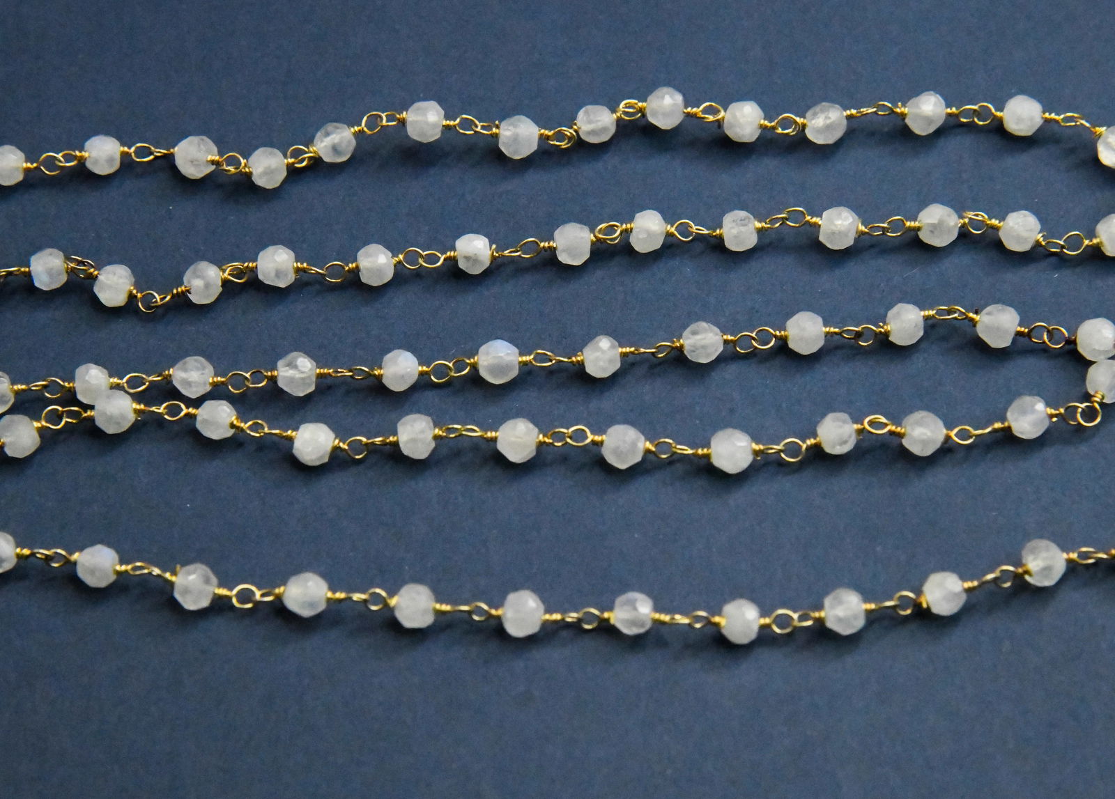 VERMAIL - SOLID 925 SILVER LINK CHAIN - 1 FOOT - RAINBOW MOONSTONE BEADS: These are natural, earth mined and hand crafted with precision. Stone: Rainbow Moonstone, Stone Shape: Faceted Rondelle, Stone Size: 4 mm, Length: 12". The photographs are enlarged to show the clarity