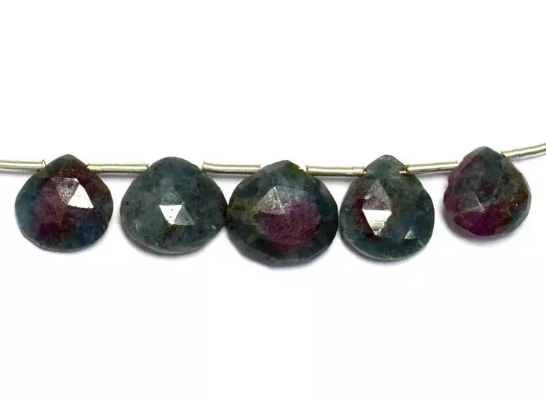 NATURAL RUBY ZOISITE BEADS FACETED HEART 8 - 10 MM 5 PCS (3 TASSELS) (1 of 2)