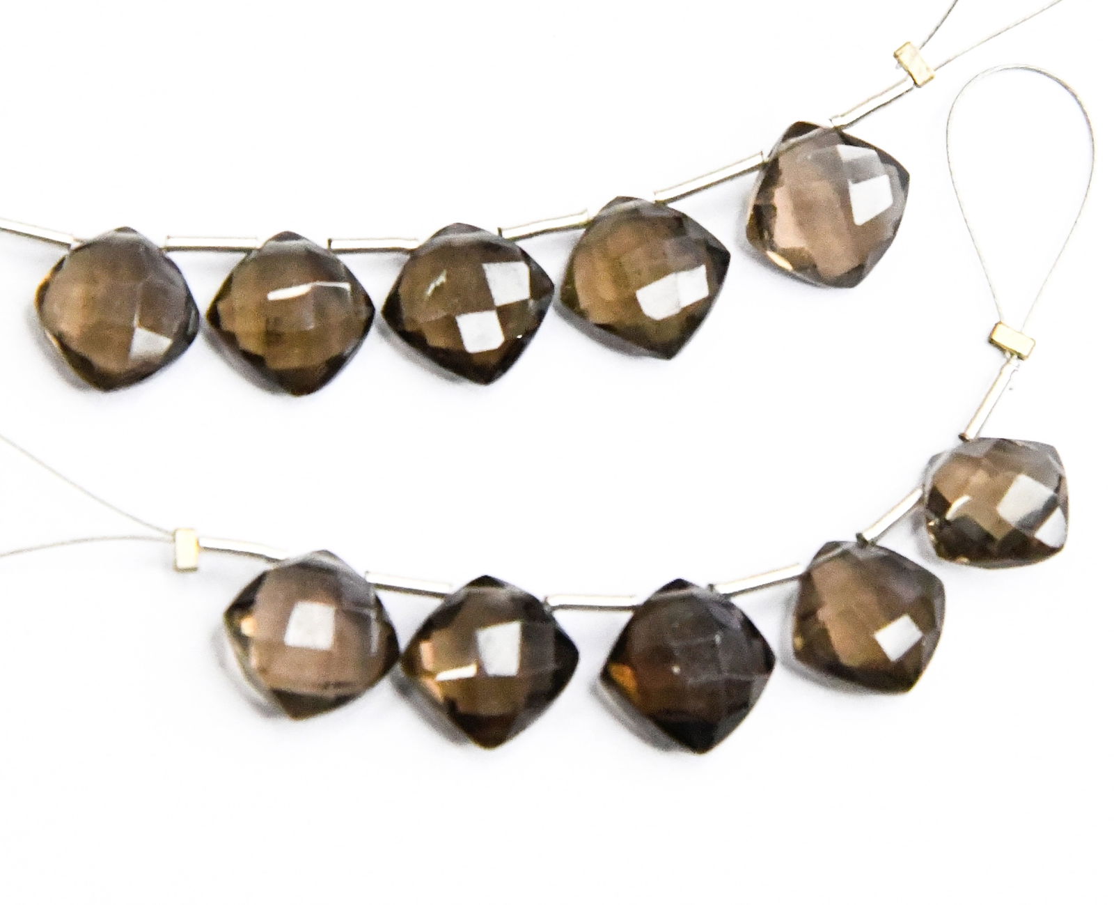 NATURAL SMOKY QUARTZ BEADS FACETED CUSHION 9 MM 5 PCS: These are natural, earth mined and hand crafted with precision. Stone: SmokyQuartz, Stone Shape: Faceted Cushion, Stone Size: 9 mm, Width: 3.5 - 5 mm, Weight: approx. 10 carats. The photographs are en