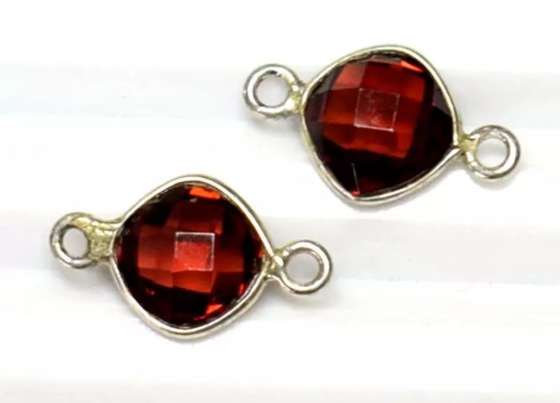 NATURAL FINE GARNET FACETED CUSHION 7.5 MM SOLID 925 SILVER (2 PAIRS): These are natural, earth mined and hand crafted with precision. Stone: Garnet, Shape: Faceted Cushion, Size: 7.5 mm, Width - 3.5 - 4 mm, Weight: approx. 5 carats. The photographs are enlarged to show