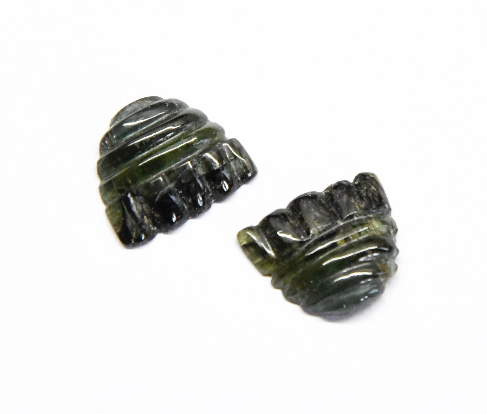 NATURAL GREEN TOURMALINE BEADS CARVED FANCY 13X15 MM (1 PAIR) (1 of 2)