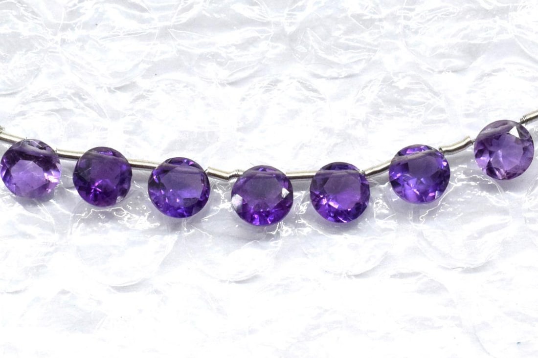 NATURAL AMETHYST BEADS FACETED ROUND 6 MM 7 PCS: These are natural, earth mined and hand crafted with precision. Stone: Amethyst, Stone Shape: Flatback Faceted Round, Stone Size: 6 mm, Width: 3 - 4 mm, Weight: approx. 4.50 carats. The photographs ar