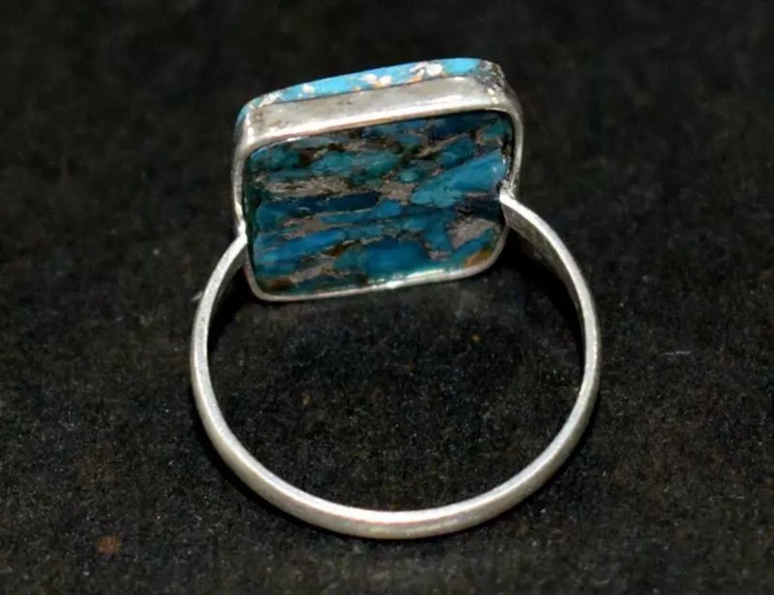 SOLID 925 STERLING SILVER RING - BLUE COPPER TURQUOISE RECTANGLE - 2