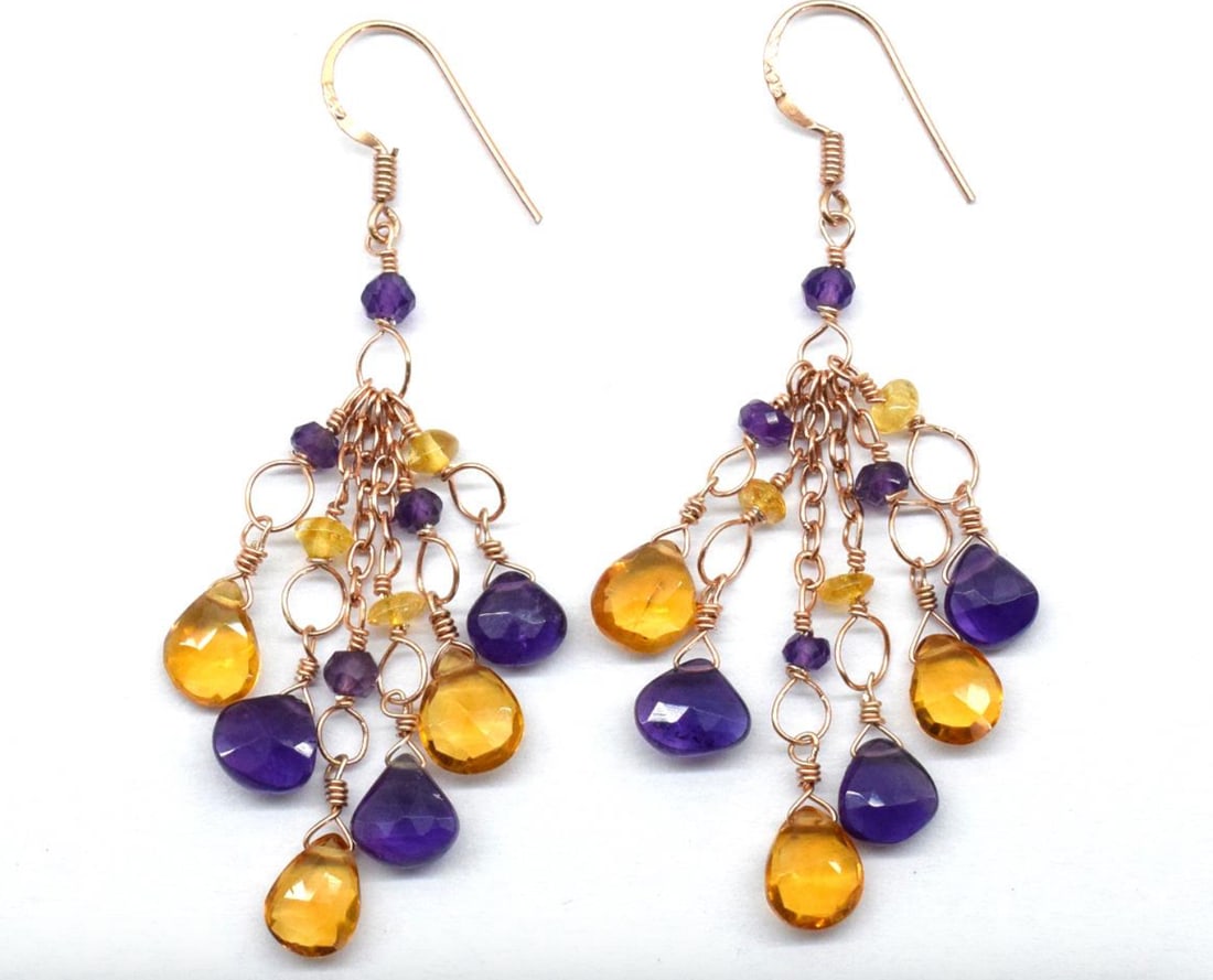 ROSE GOLD SOLID 925 SILVER EARRINGS - NATURAL CITRINE, AMETHYST 2 1/4" (1 of 2)