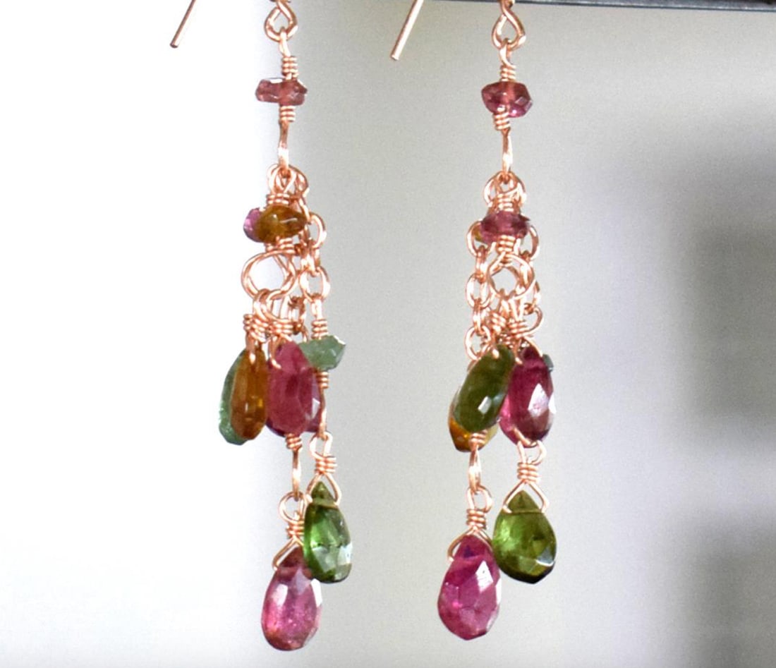 ROSE GOLD SOLID 925 SILVER EARRINGS - NATURAL MULTI TOURMALINE 2 1/8" (1 of 2)