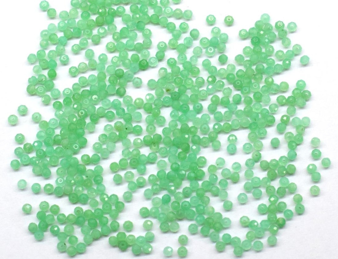 (500 PIECES) NATURAL CHRYSOPRASE BEADS FACETED ROUND 2 MM: These are natural, earth mined and hand crafted with precision. Stone: Chrysoprase, Stone Shape: Faceted Round, Stone Size: 2 mm, Weight: approx. 27 carats. The photographs are enlarged to show the cl