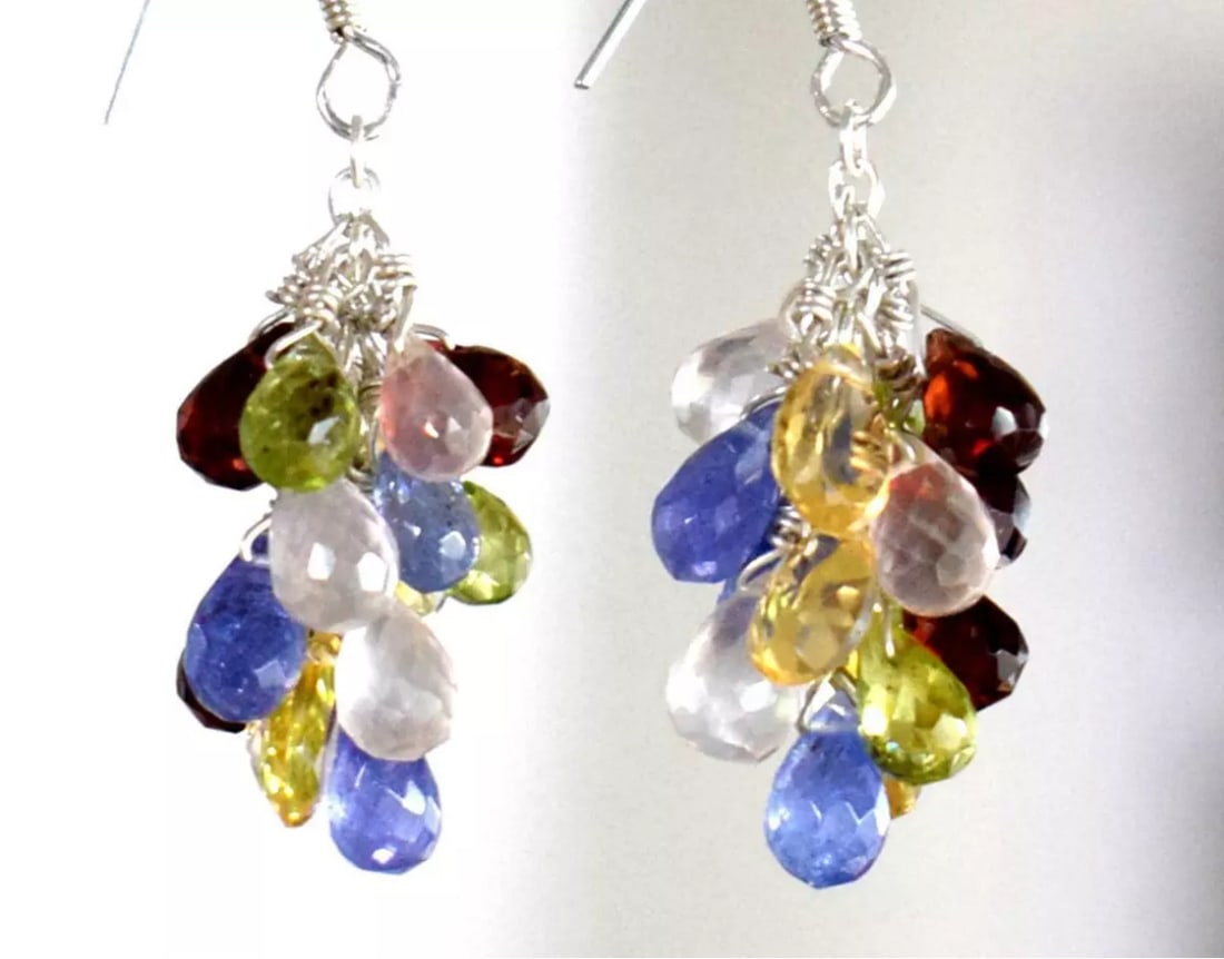 SOLID 925 STERLING SILVER EARRINGS - NATURAL MULTI GEMSTONE BEADS (1 of 3)