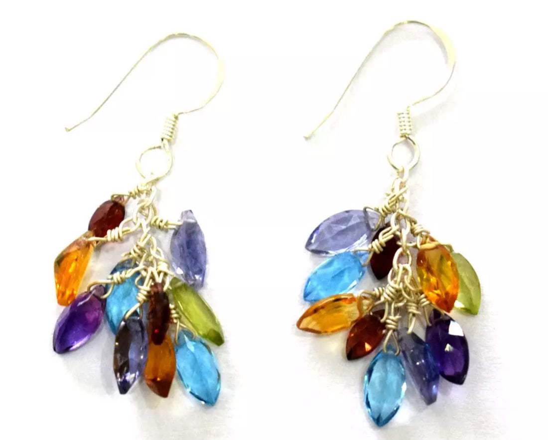 SOLID 925 STERLING SILVER EARRINGS - NATURAL MULTI GEMSTONE BEADS: These are natural, earth mined and hand crafted with precision. Stone: Peridot/Amethyst/Topaz/Iolite/Citrine/Garnet, Shape: Faceted Marquise, Size: 3x6 - 4x8 mm, Width - 2 - 3 mm, Length: 1 1/2", Weig
