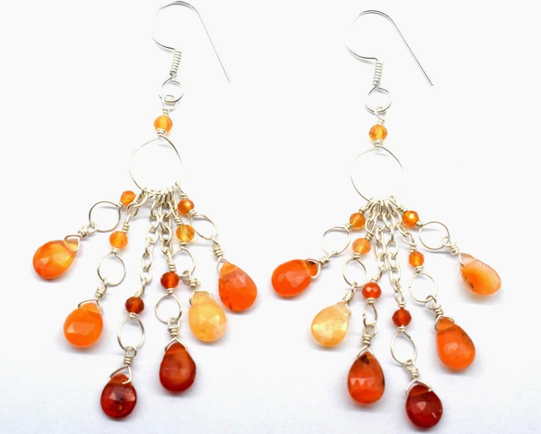 SOLID 925 STERLING SILVER EARRINGS - NATURAL FIRE OPAL , CARNELIAN 2 3/8" (1 of 2)