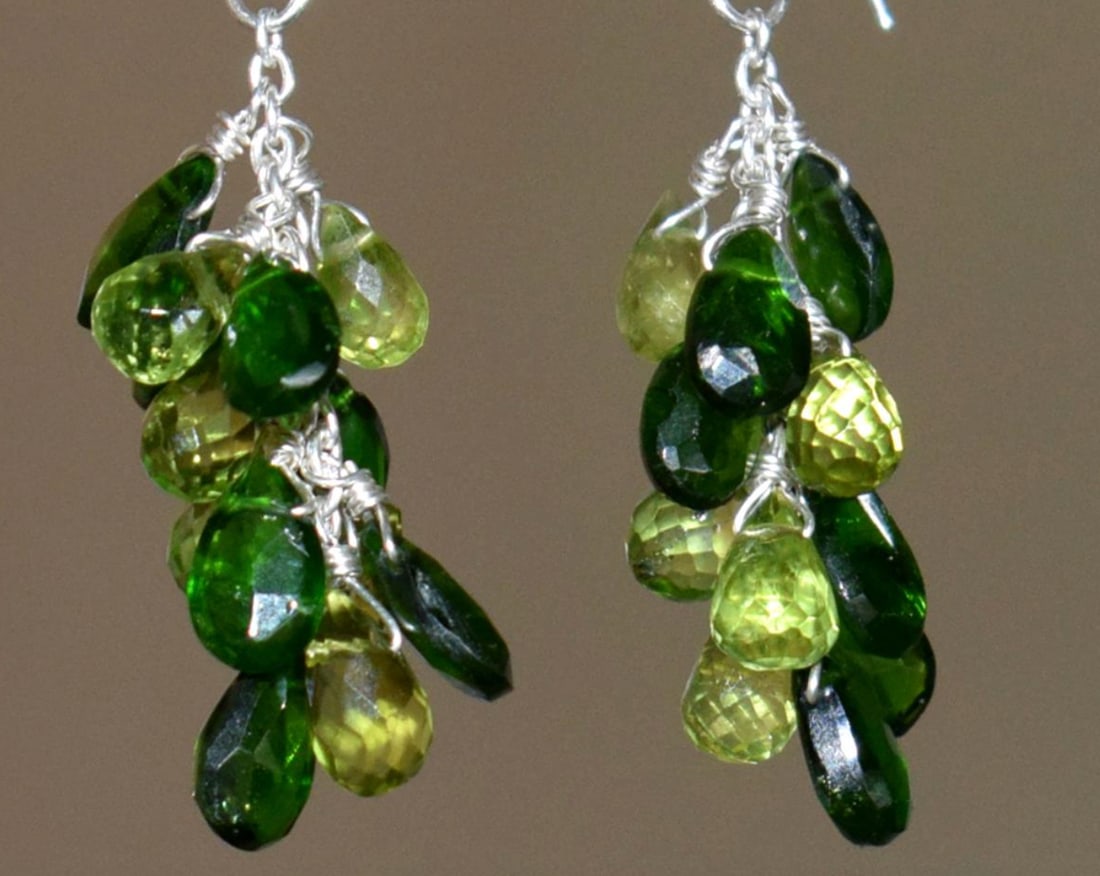 SOLID 925 STERLING SILVER EARRINGS - NATURAL PERIDOT, CHROME DIOPSIDE (1 of 2)