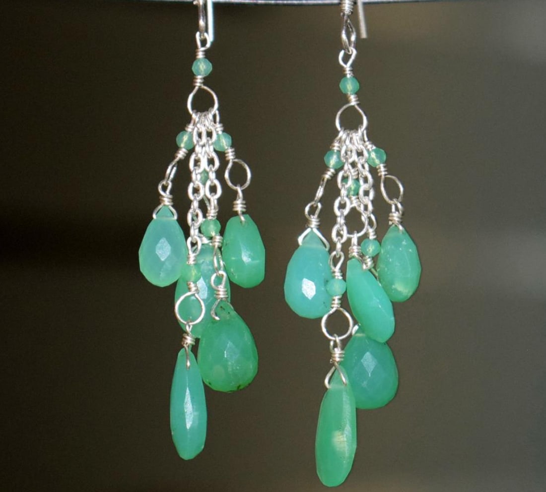 SOLID 925 STERLING SILVER EARRINGS - NATURAL CHRYSOPRASE BEADS 2 3/8" (1 of 2)