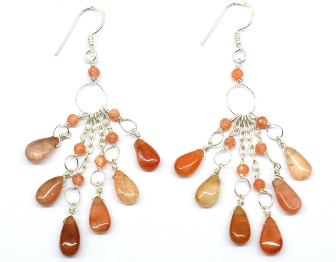 SOLID 925 STERLING SILVER EARRINGS - NATURAL SUNSTONE BEADS 2 1/2" (1 of 2)