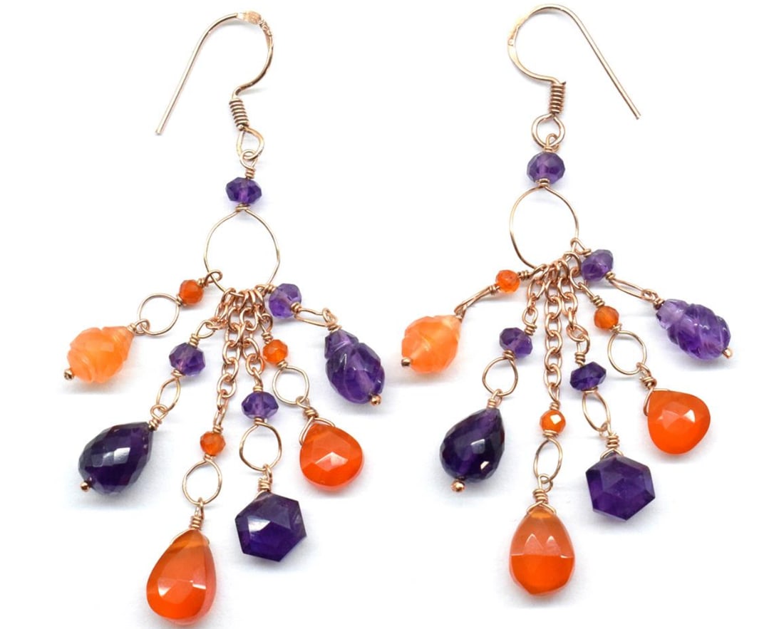 ROSE GOLD OVER SOLID 925 SILVER EARRINGS - AMETHYST, CARNELIAN 2 3/8" (1 of 2)
