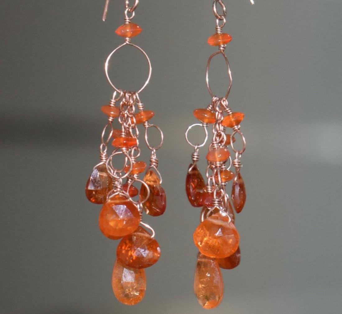 ROSE GOLD OVER SOLID 925 SILVER EARRINGS - SPESSARTITE GARNET 2 1/2" (1 of 2)
