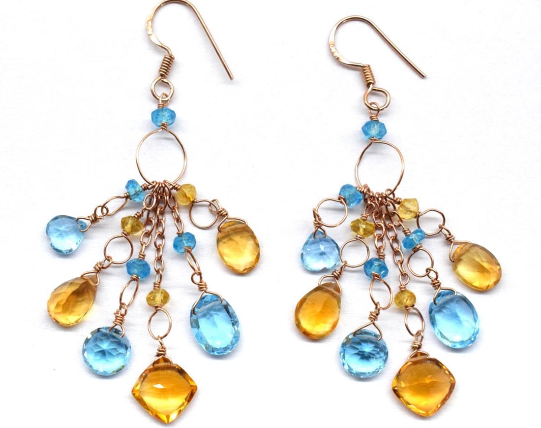 ROSE GOLD OVER SOLID 925 SILVER EARRINGS - NATURAL BLUE TOPAZ, CITRINE: These are natural, earth mined and hand crafted with precision. Stone: Swiss Blue Topaz/Citrine, Shape: Faceted Mix Shape, Size: 3 - 8 mm/6x8 7x9 mm, Width - 2 - 5 mm, Length: 2 3/8", Weight: approx.