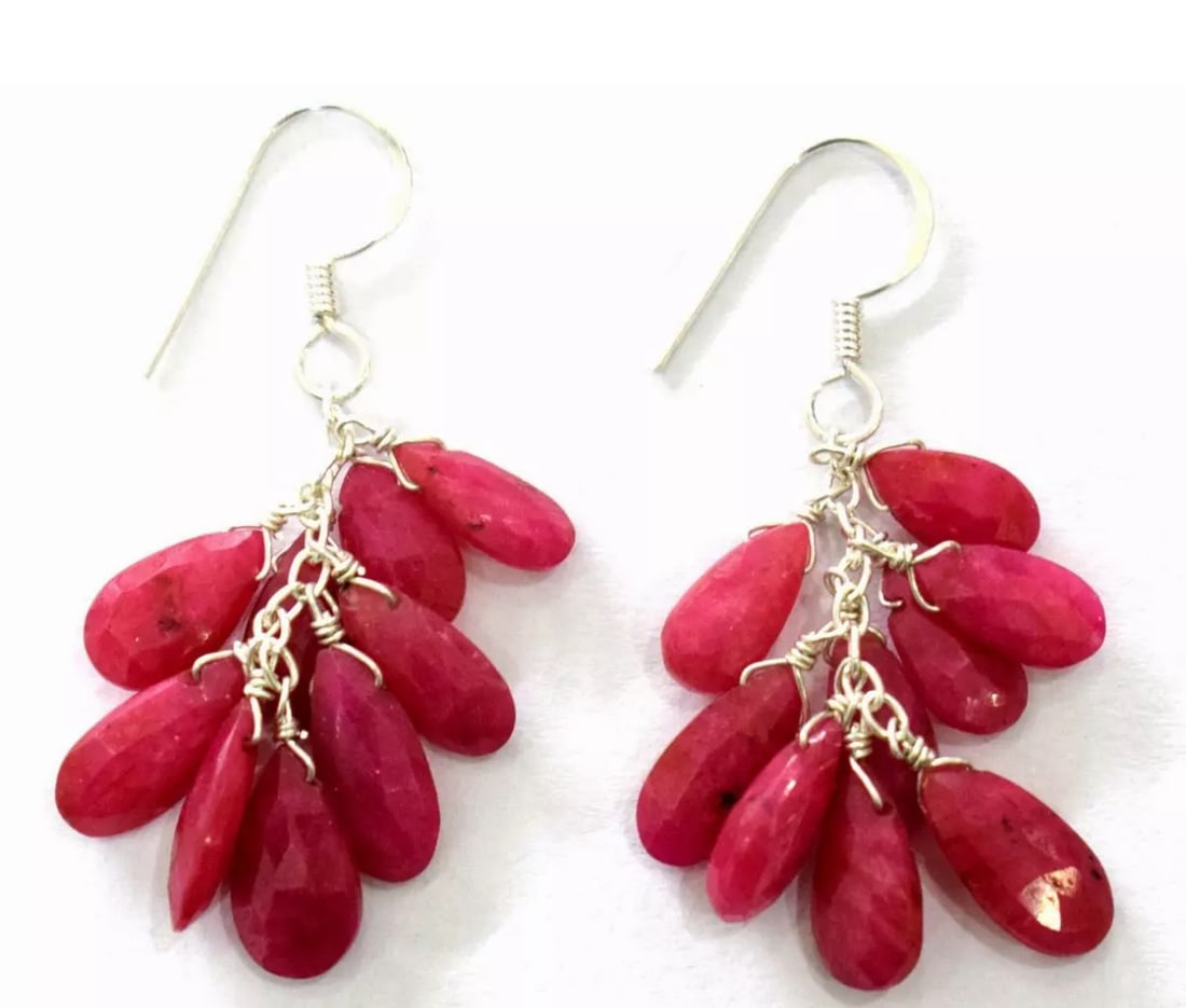 SOLID 925 STERLING SILVER EARRINGS - RUBY BEADS - 2
