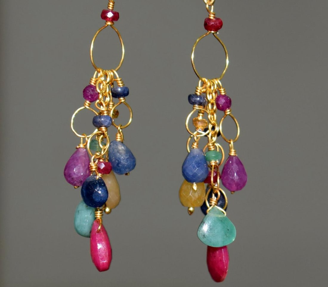 VERMEIL - SOLID 925 SILVER EARRINGS - NATURAL MULTI GEMSTONE 2 3/8" (1 of 2)