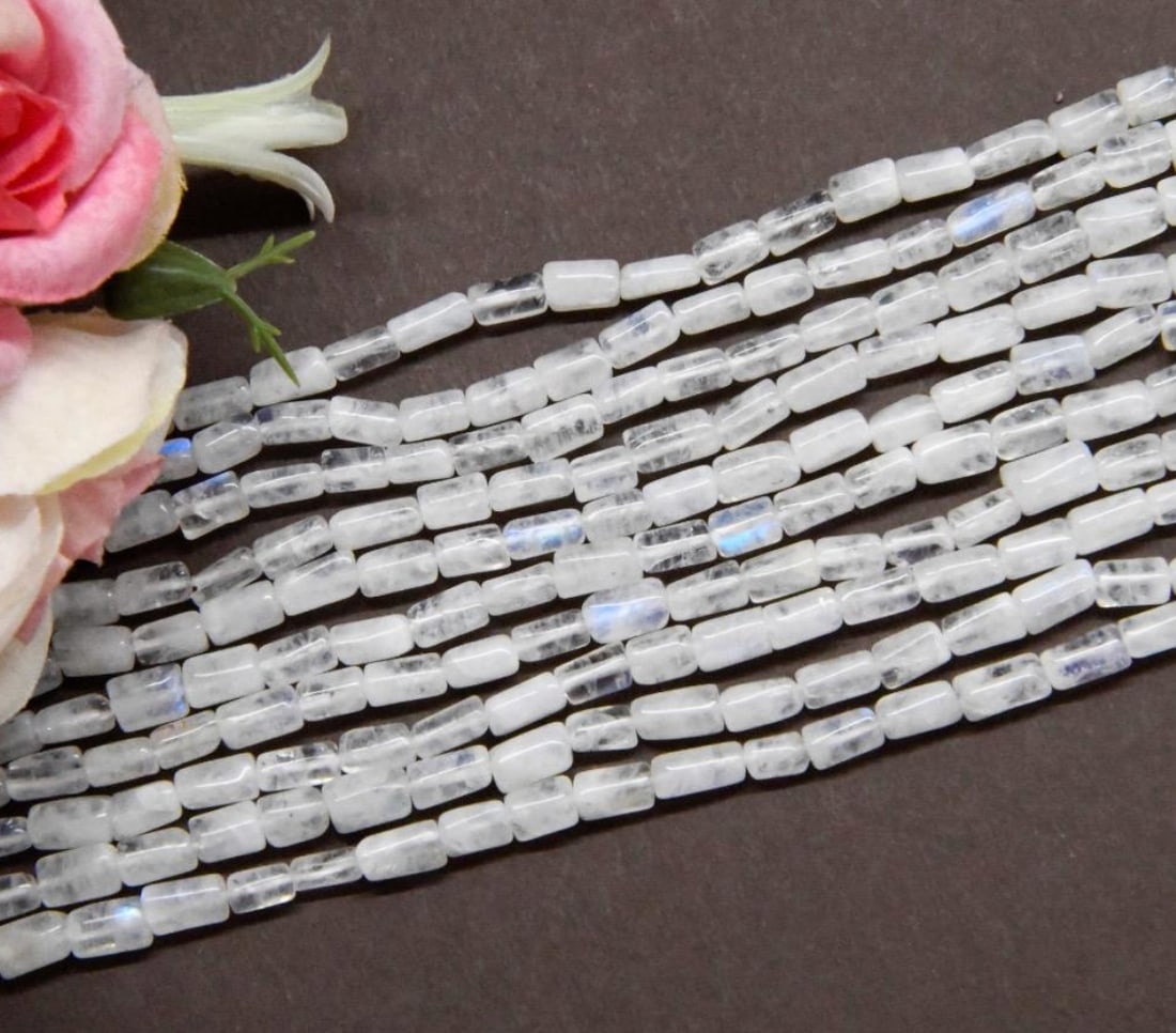 NATURAL RAINBOW MOONSTONE BEADS TUBE 3X5 - 4X6.5 MM, 10" STRAND (3 LINES) (1 of 2)