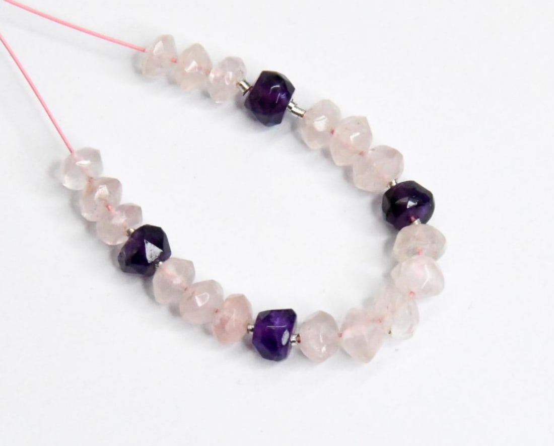 NATURAL ROSE QUARTZ & AMETHYST BEADS FACETED RONDELLE 4 - 5 MM 21 PCS (1 of 1)