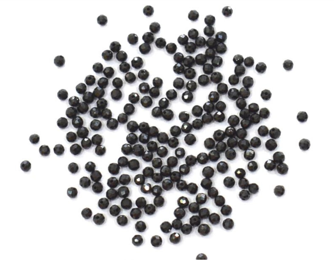 (200 PCS) NATURAL BLACK SPINEL BEADS FACETED ROUND 2 MM: These are natural, earth mined and hand crafted with precision. Stone: Black Spinel, Stone Shape: Faceted Round, Stone Size: 2 mm, Weight: approx. 12.5 carats. The photographs are generally enlarged t