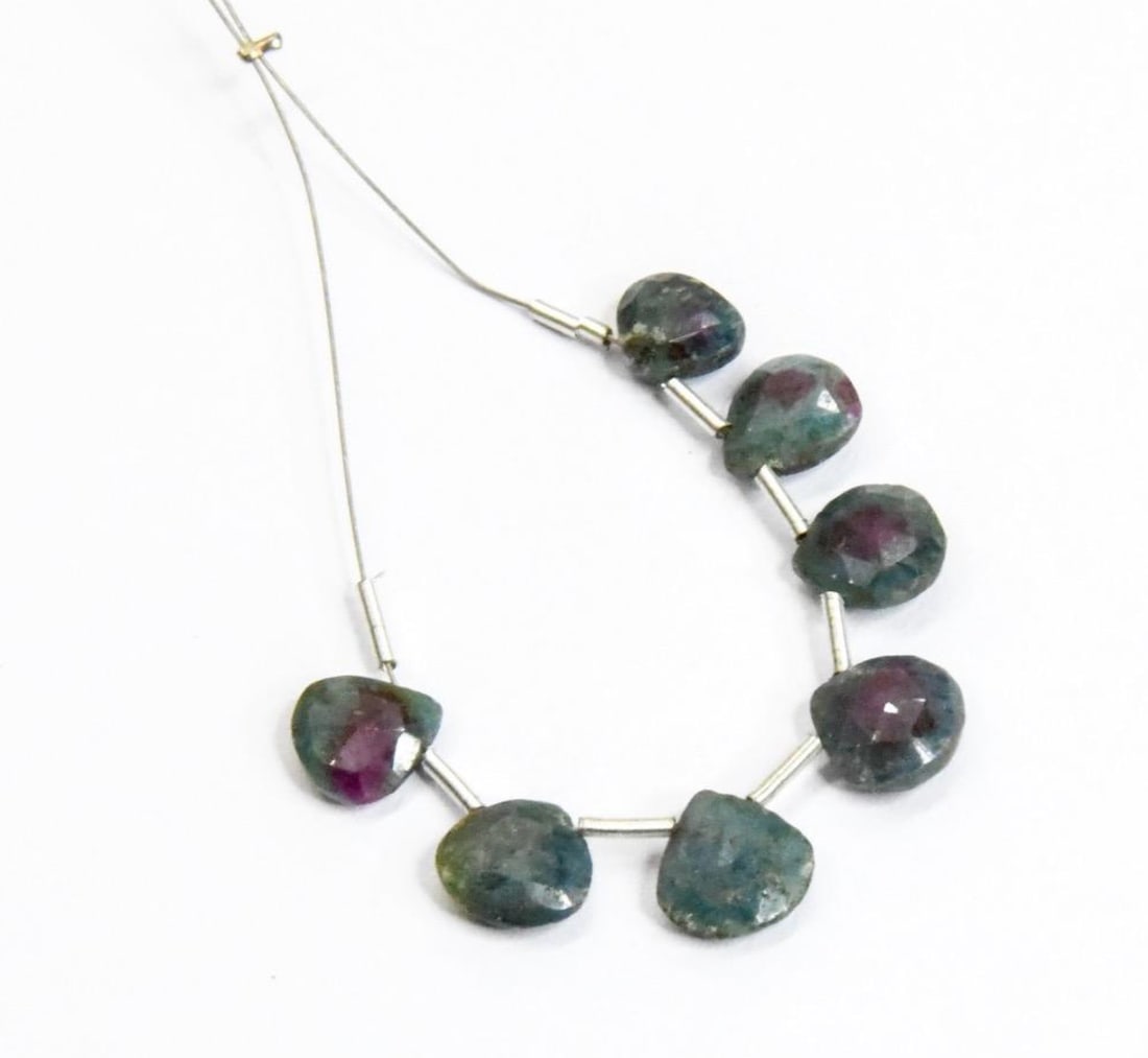 NATURAL RUBY ZOISITE BEADS FACETED HEART 7X7 - 7X8 MM, 7 PCS, (2 TASSELS) (1 of 2)