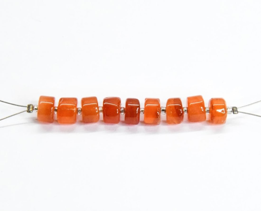 NATURAL CARNELIAN HESHI BEADS 6 - 6.5 MM 9 PCS (3 TASSELS): These are natural, earth mined and hand crafted with precision. Stone: Carnelian, Stone Shape: Tyre, Stone Size: 6 - 6.5 mm, Width: 3.5 - 4.5 mm, Weight: approx. 13.3 carats. The photographs are gener