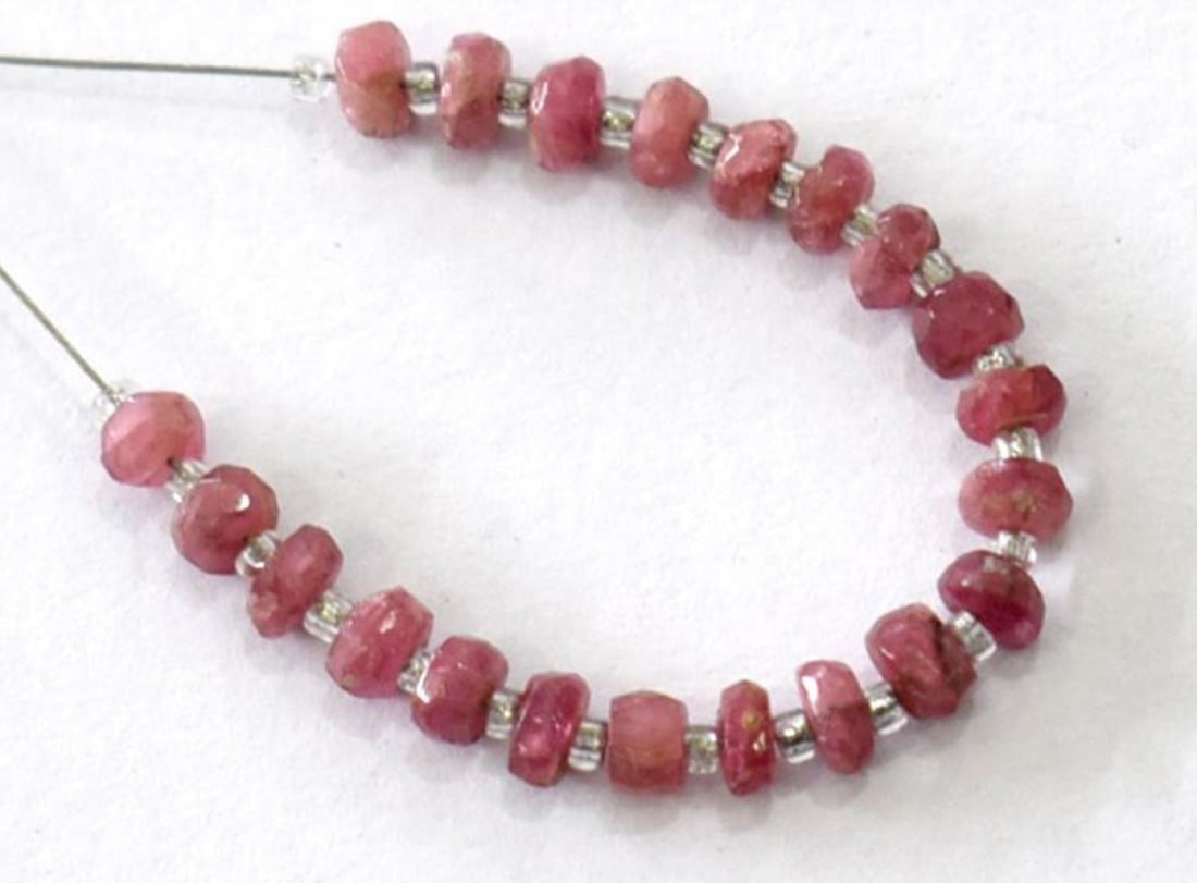 NATURAL PINK TOURMALINE BEADS FACETED RONDELLE 3 - 3.5 MM 21 PCS (4 TASSELS): These are natural, earth mined and hand crafted with precision. Stone: Pink Tourmaline, Stone Shape: Faceted Rondelle, Stone Size: 3 - 3.5 mm, Width: 1.5 - 2.5 mm, Weight: approx. 5.48 carats. The pho