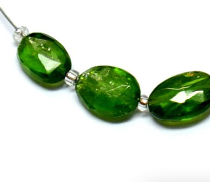 NATURAL CHROME DIOPSIDE BEADS FACETED OVAL 7X10 - 8X10 MM 3 PCS - (3 TASSELS): These are natural, earth mined and hand crafted with precision. Stone: Pink Opal, Stone Shape: Faceted Rondelle, Stone Size: 3 mm, Width: 1.5 - 2 mm, Weight: approx. 3 carats. The photographs are gene