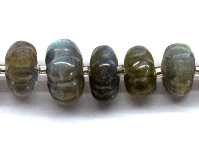NATURAL BLUE HUE LABRADORITE BEADS MELON CARVED RONDELLE 9 - 11 MM 5 PCS (3 TASSELS) (1 of 2)
