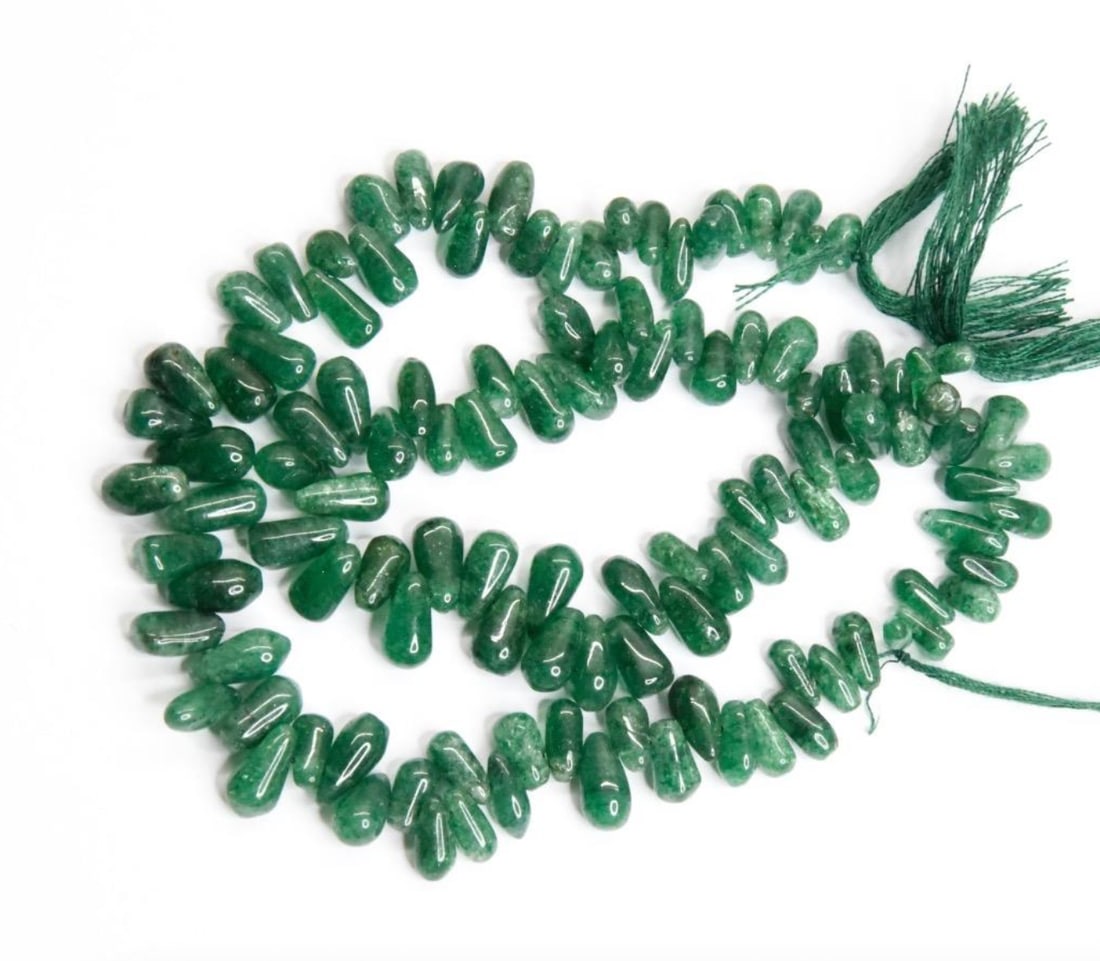 NATURAL GREEN AVENTURINE BEADS BRIOLETTE 6.5" STRAND 2.5X7 - 5X10 MM (2 LINES) (1 of 2)