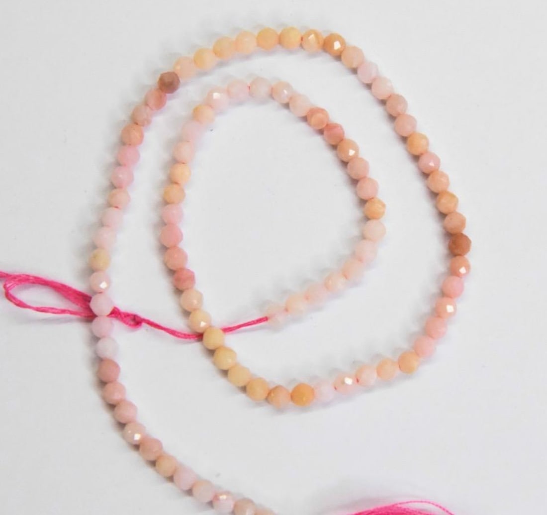 NATURAL PINK OPAL BEADS FACETED ROUND 3 MM, 11" STRAND: These are natural, earth mined and hand crafted with precision. Stone: Pink Opal, Stone Shape: Faceted Round, Stone Size: 3 mm, Weight: approx. 15 carats. The photographs are generally enlarged to sho