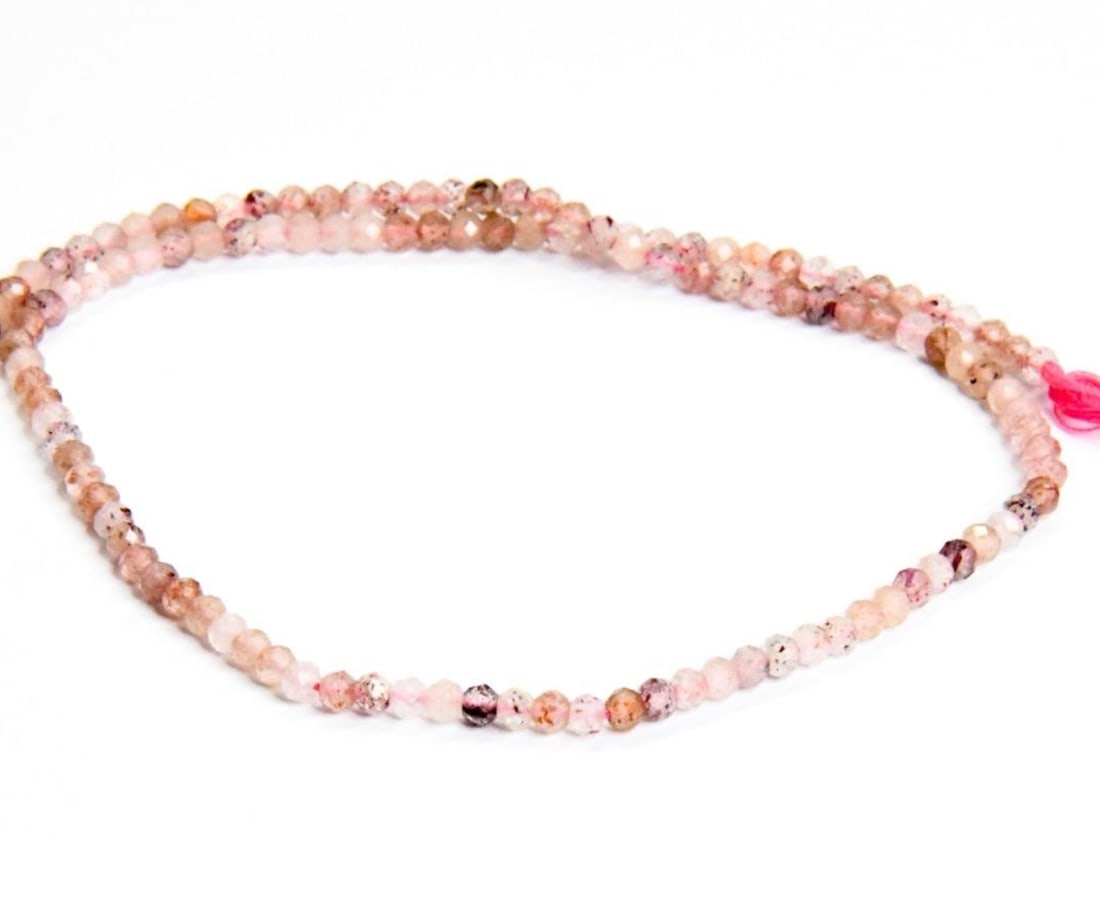NATURAL STRAWBERRY QUARTZ BEADS FACETED ROUND 2.5 MM, 12" STRAND: These are natural, earth mined and hand crafted with precision. Stone: Strawberry Quartz, Stone Shape: Faceted Round, Stone Size: 2.5 mm, Weight: approx. 16 carats. The photographs are generally enlar